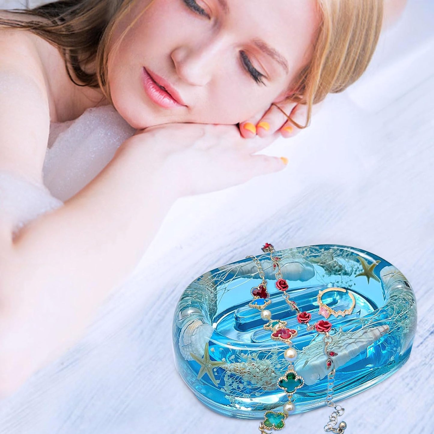 Soap Dish Acrylic w/Nature Seashell Bar Soap Holder Shower Soap Tray