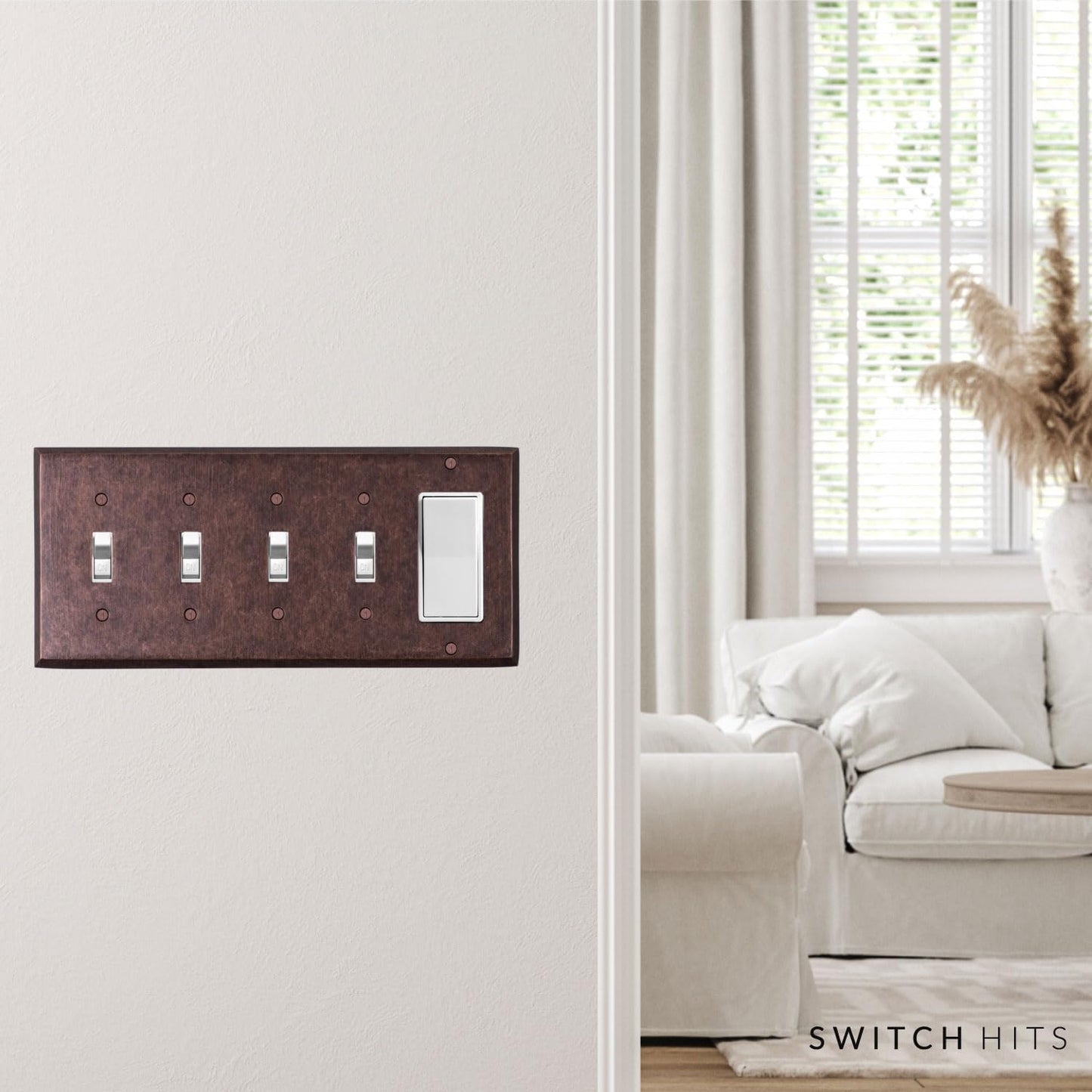 Mottled Antique Copper Outlet Wall Plate | 4 Toggle - 1 GFI Rocker | 10.1" x 4.6" | Hand-Polished Brass Construction