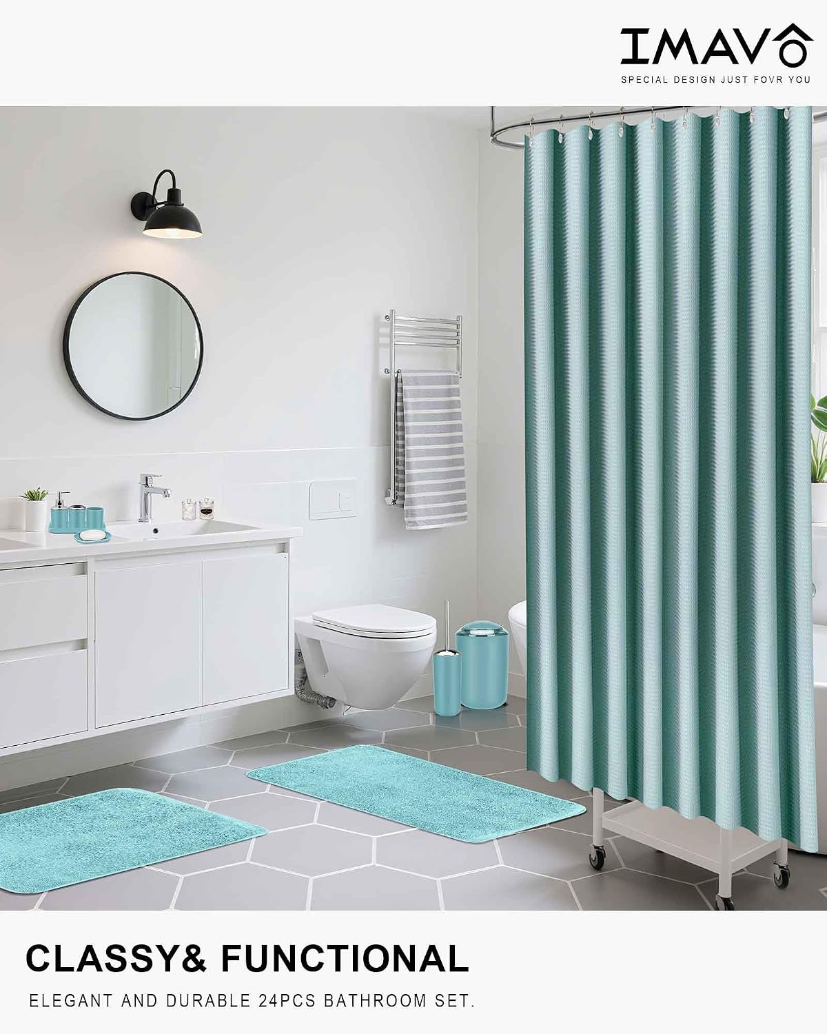 IMAVO Blue Bathroom Accessories,Non Slip Absorbent Bathroom Rugs and Waterproof Shower Curtain with Hooks,Complete