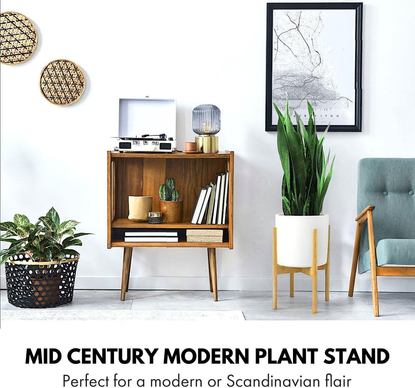 Fox & Fern Large Adjustable Plant Stand Indoor, Bamboo Stand, 8 - 12 Inch | Plug In Design, Holds 200 lbs, Two Heights