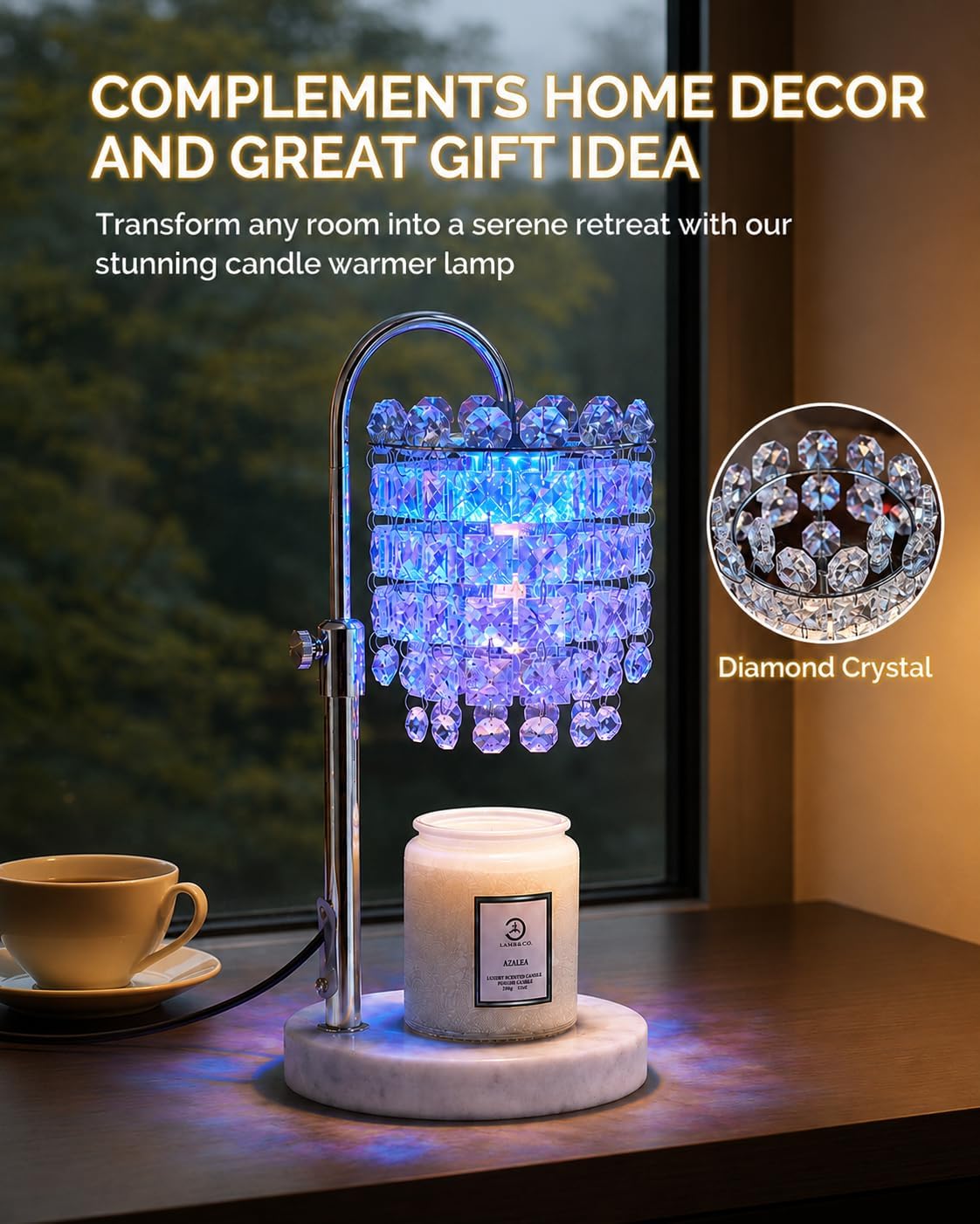 Candle Warmer Lamp with Timer & Dimmable Crystals Candle Lamp Warmer with RGB Mode, Adjustable Height Electric Candle