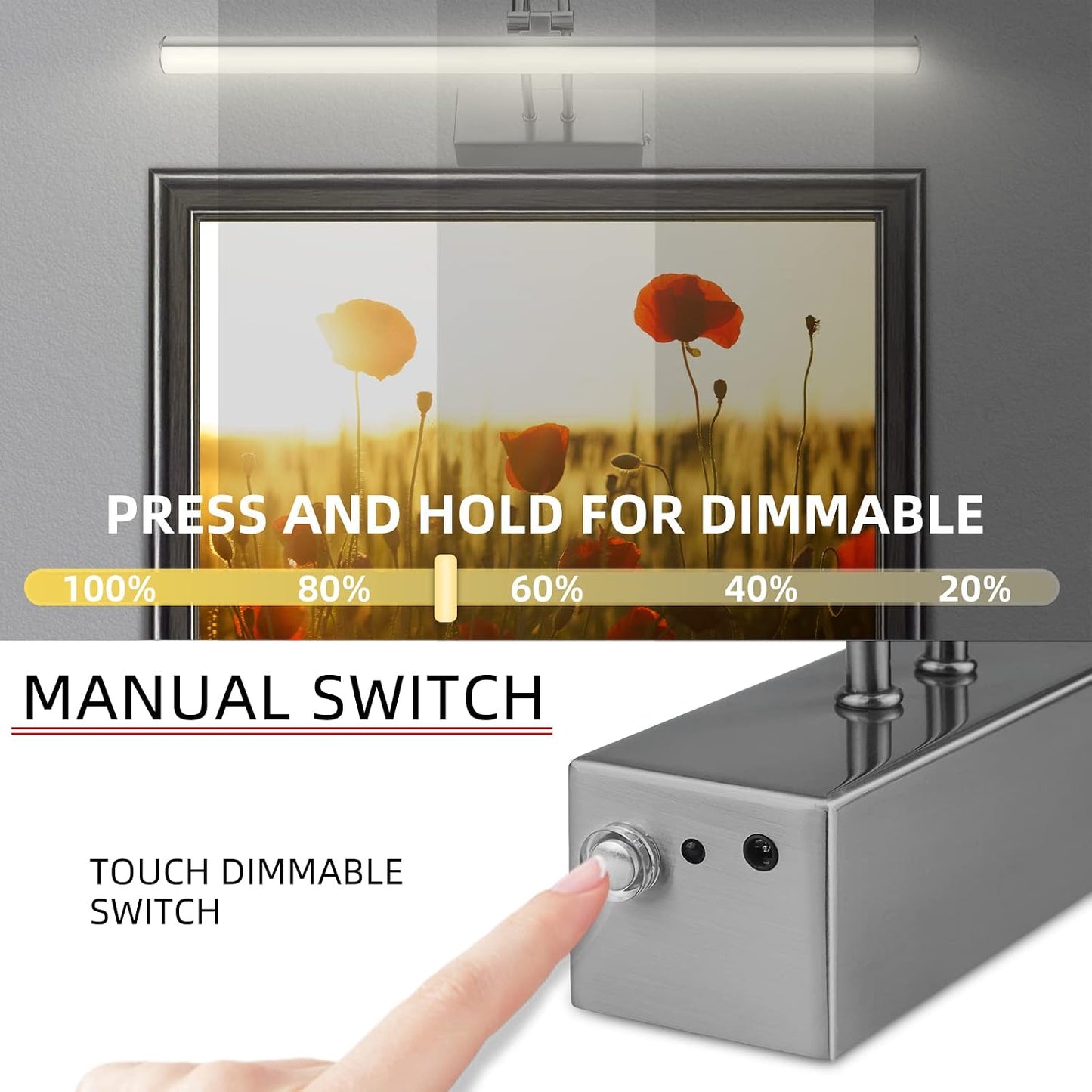 Picture Light,5000mAh Wireless Wall Light,16" Art Light,Plated Black | Rechargeable Photo Lights,Remote Timer and