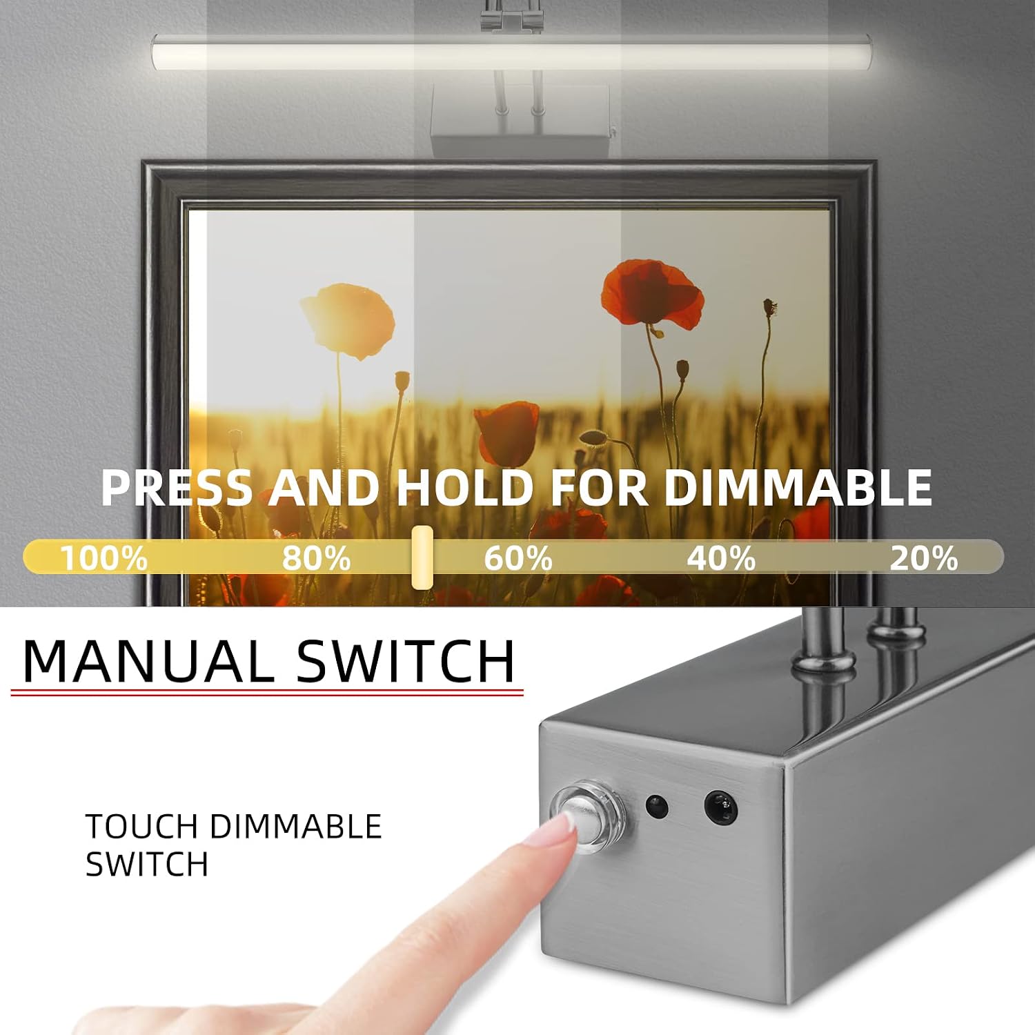 Picture Light,5000mAh Wireless Wall Light,16" Art Light,Plated Black | Rechargeable Photo Lights,Remote Timer and
