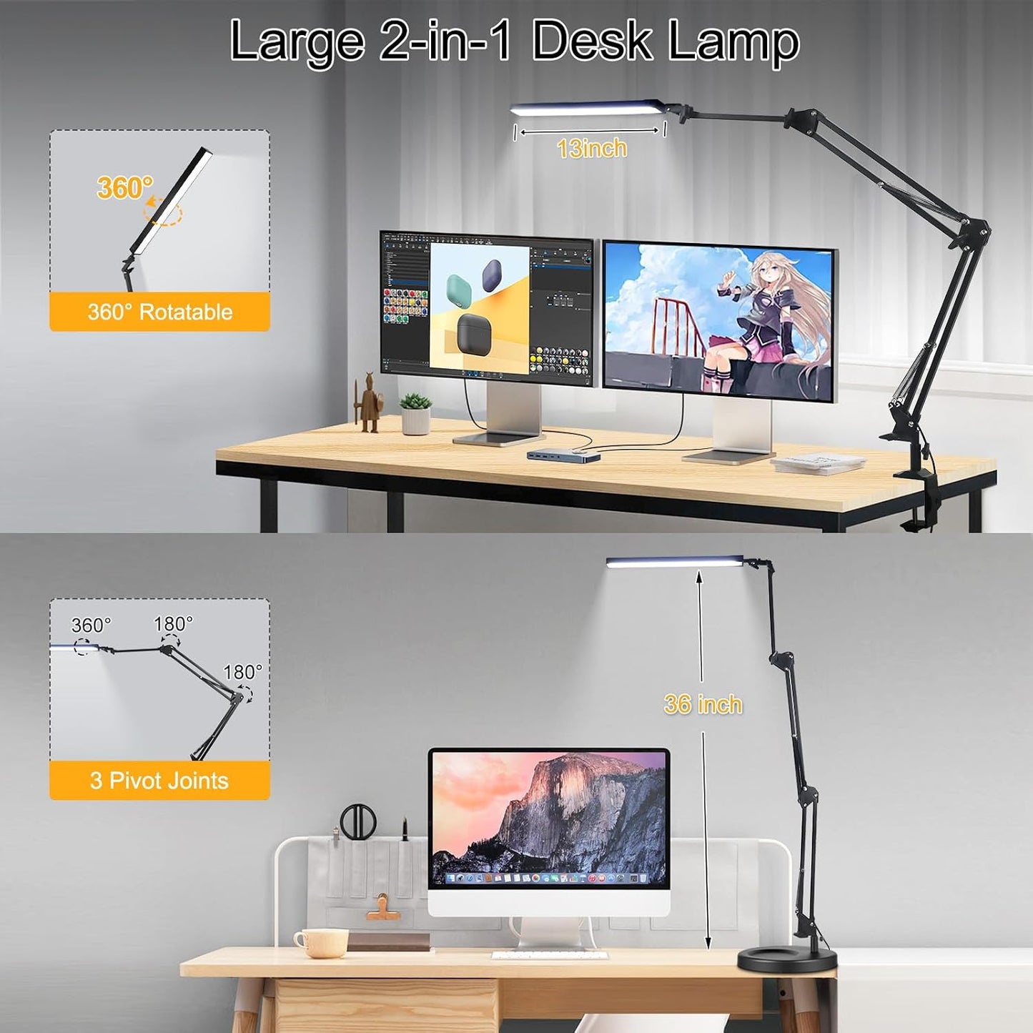 NOEVSBIG LED Desk Lamp with Clamp,2-in-1 Clamp on Desk Lamps with Base,50.7" Adjustable Swing Arm Architect Desk