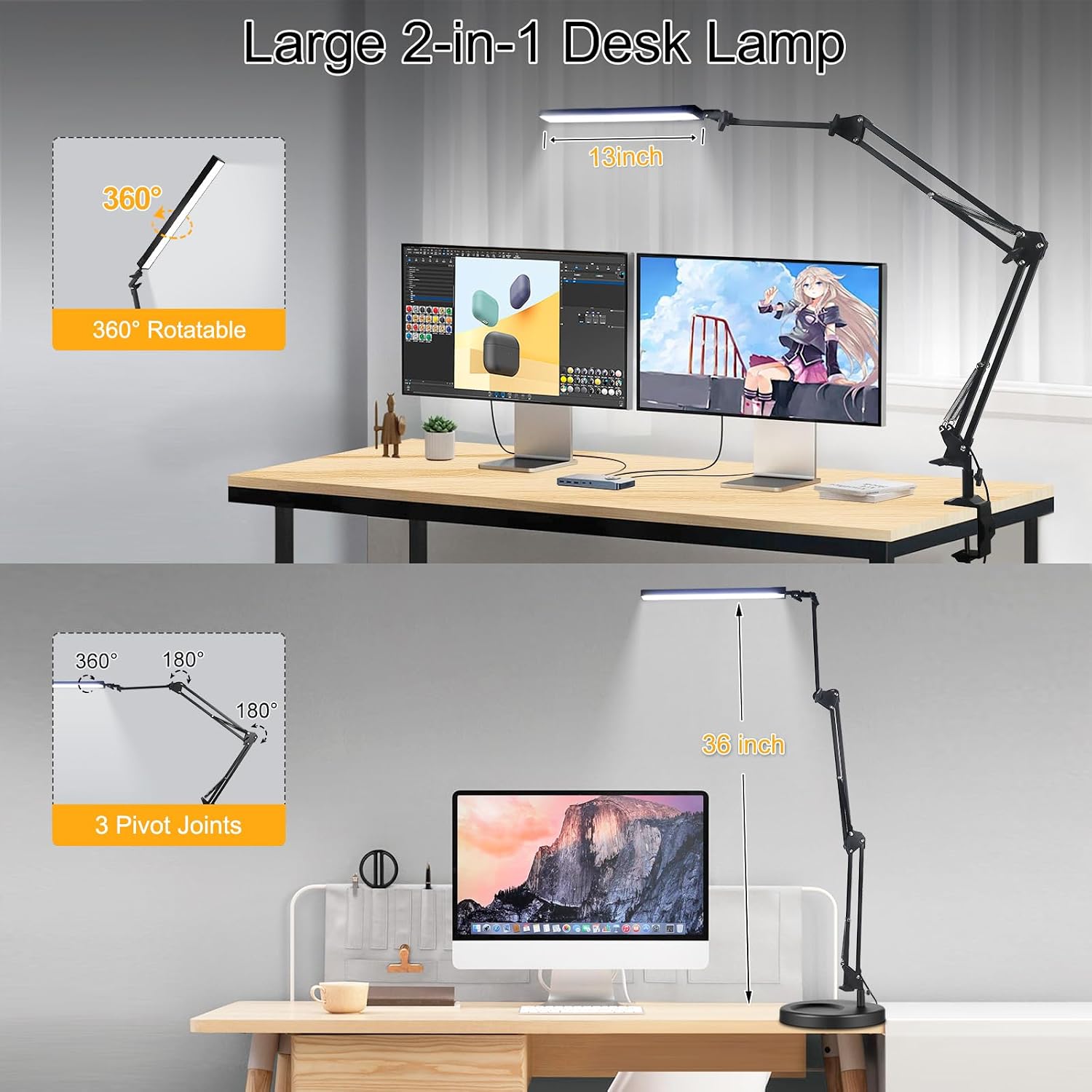 NOEVSBIG LED Desk Lamp with Clamp,2-in-1 Clamp on Desk Lamps with Base,50.7" Adjustable Swing Arm Architect Desk