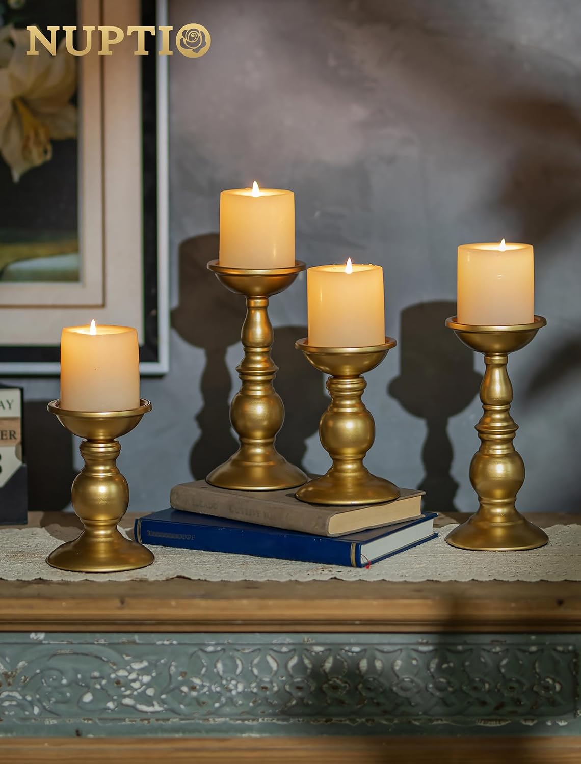 Set of 2 Gold Metal Pillar Candle Holders for 3 inches Dia Candle, Wedding Centerpieces Candlestick Holders Stand