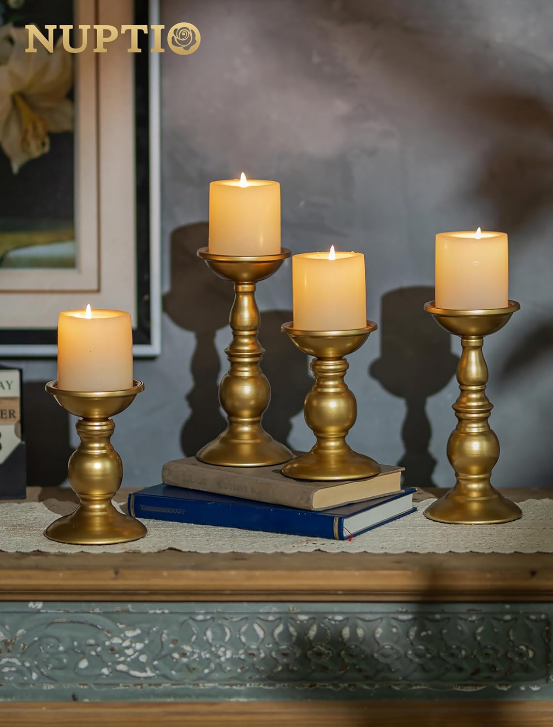 NUPTIO Brass Pillar Candle Holders: Gold Tall Stand for 3" Candles (2 x L) | Metal Candle Centerpieces Decoration for