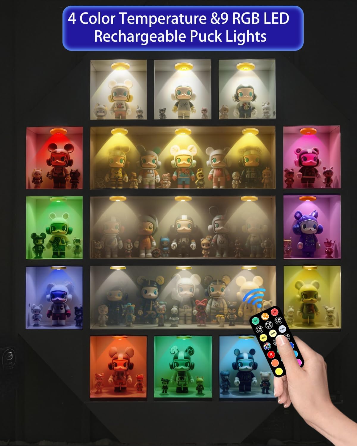 LED Puck Lights with Remote, 2000mAH Battery Operated, Rechargeable Shelf Light, Wireless,Color Changing Magnetic