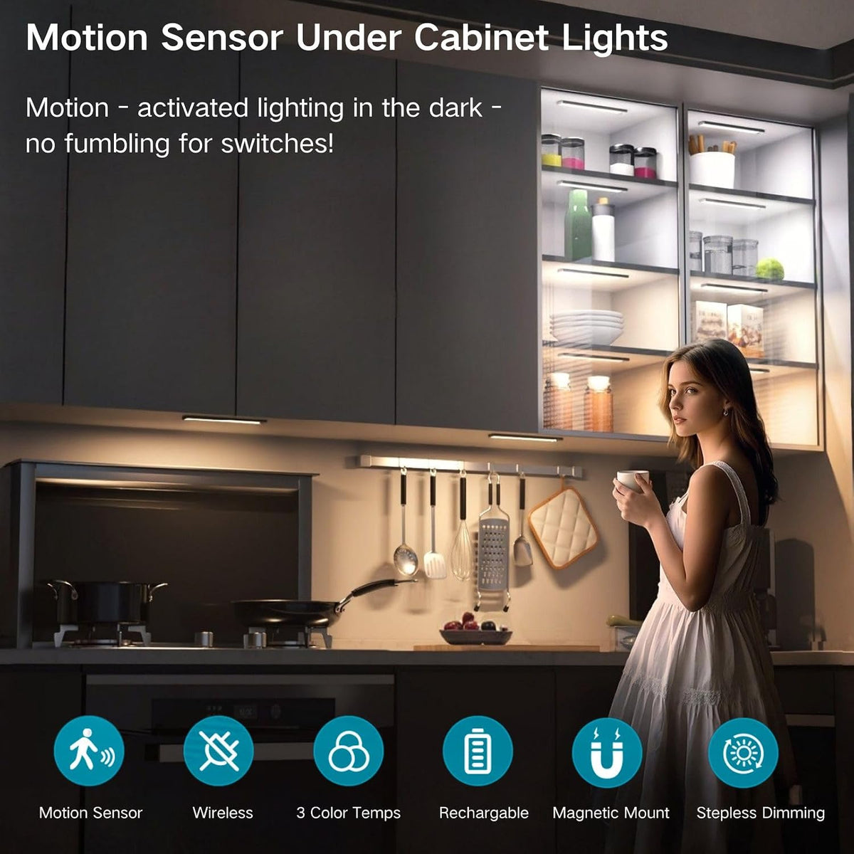 Motion Sensor Under Cabinet Lighting-Magnetic Rechargeable Closet Lights for Kitchen,Stairs,Wardrobe | 3-Color Dimmable