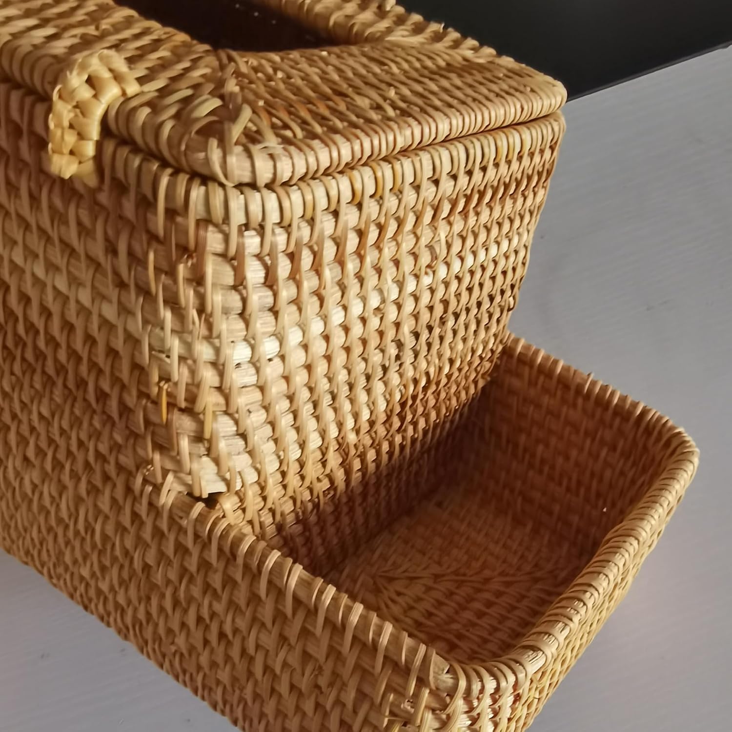 Decorative Square Rattan Tissue Box and Condiment Organizer / Natural Brown with Compartment / 6 x 6