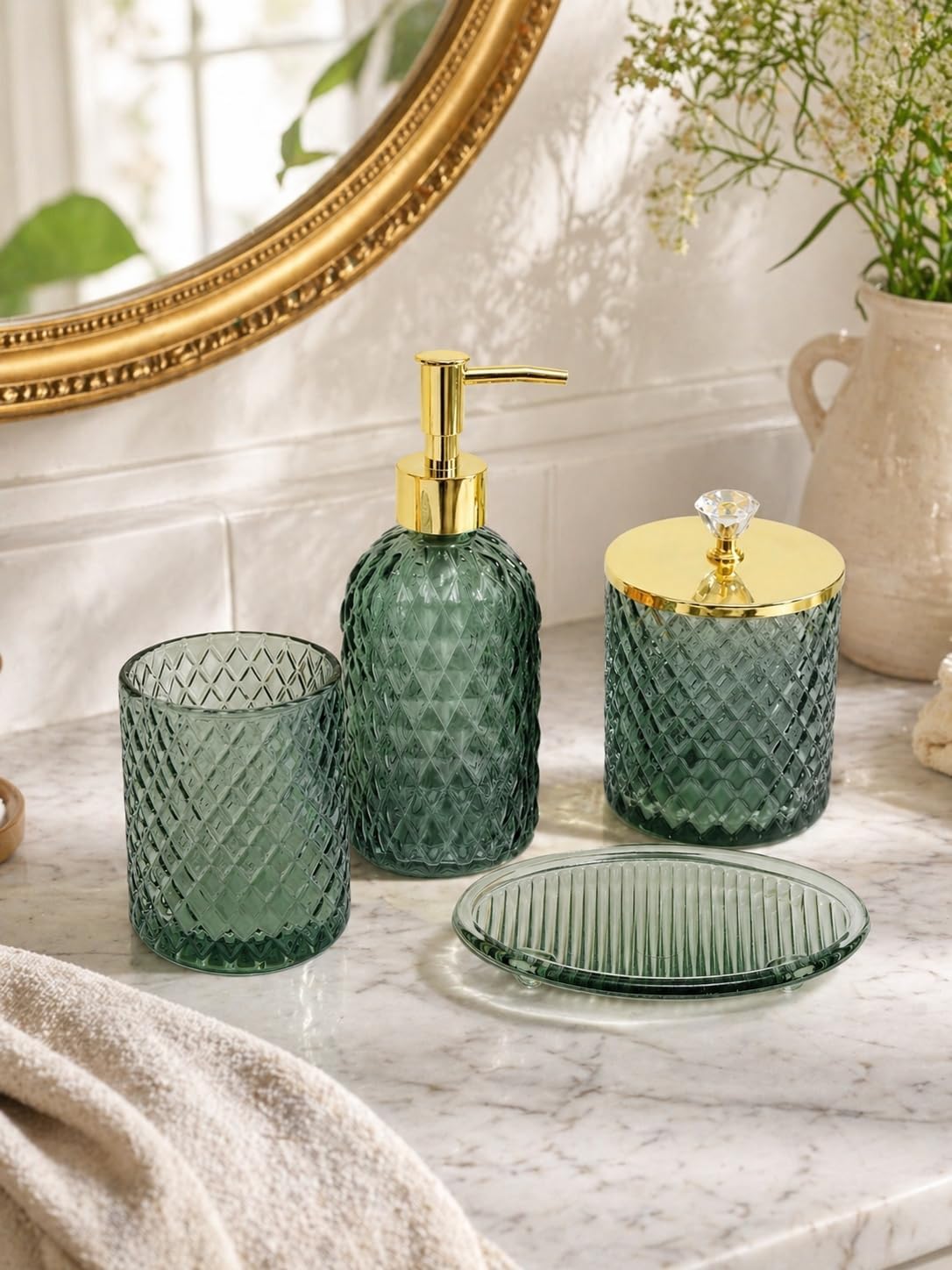 Glass Complete w/Bathroom Soap Dispenser Set / Bathroom Set / Sage Green / Set of 4