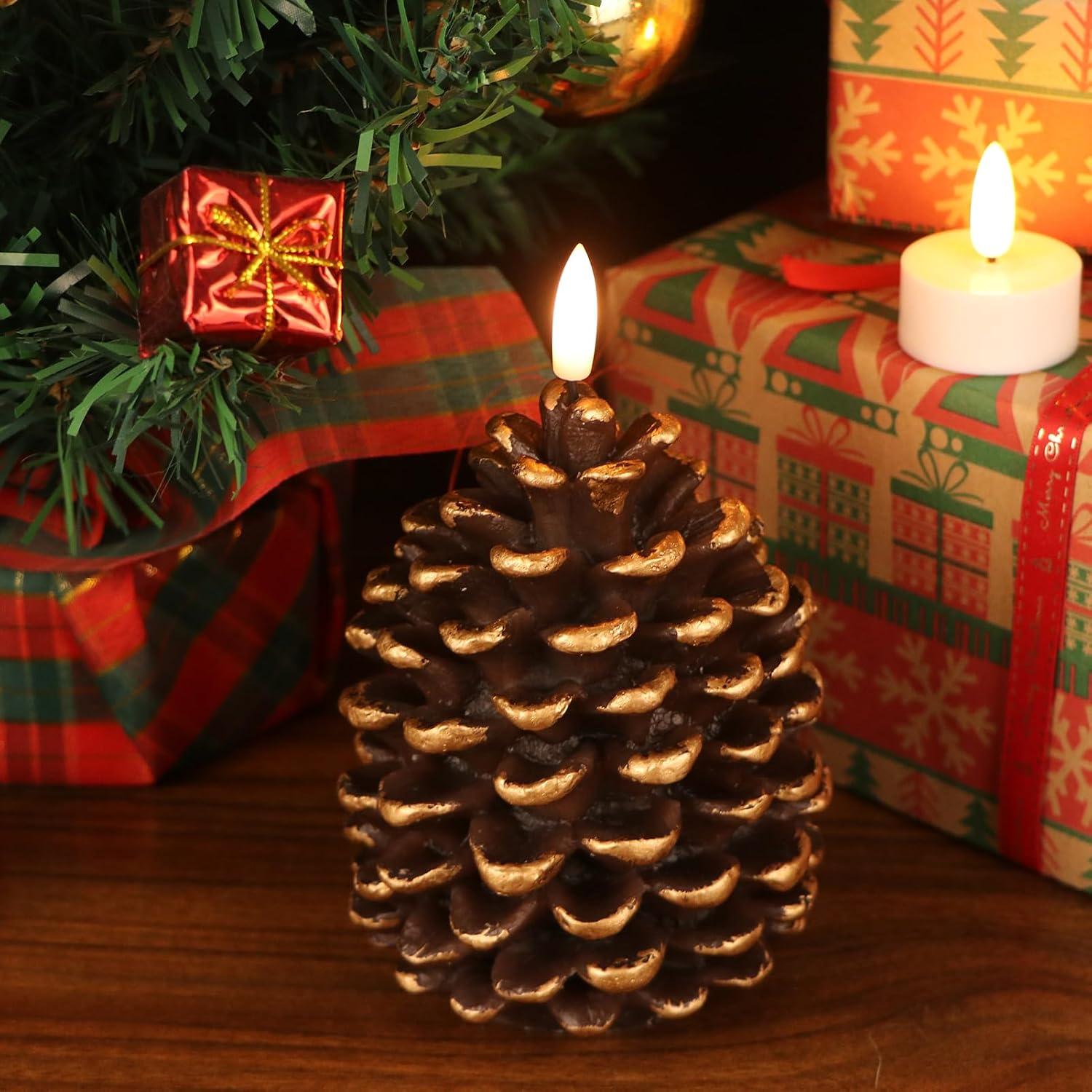 Wondise Flameless Candles with Timer, Battery Operated Flickering 3D Wick Real Wax Pine Cone Candles for Christmas