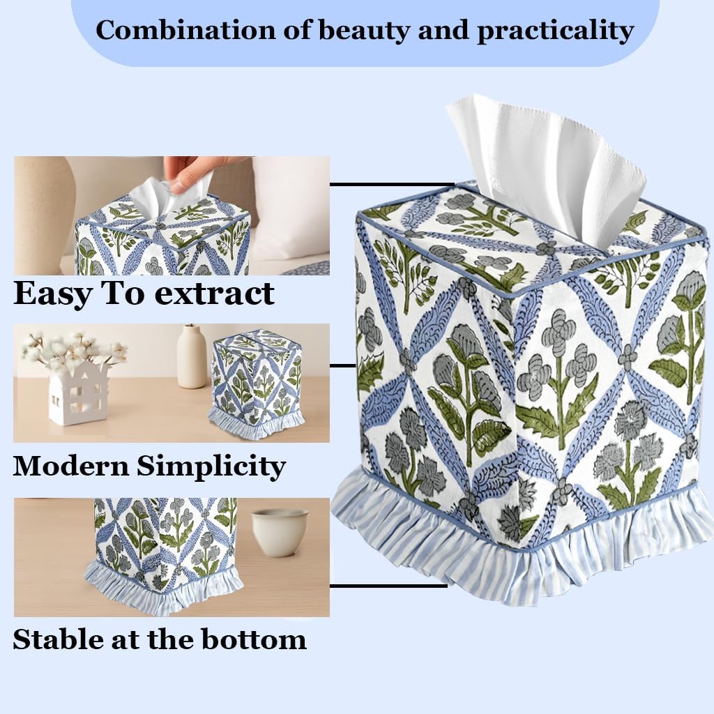 Block Print Ruffle Tissue Box Cover Handmade Cotton Decorative Square Napkin / Light Steel Blue
