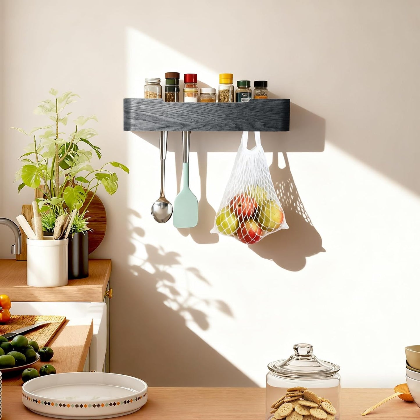 Shelf Entryway Shelf Modern Key Holder Hanger Wall Shelves / Black / 5 Hooks