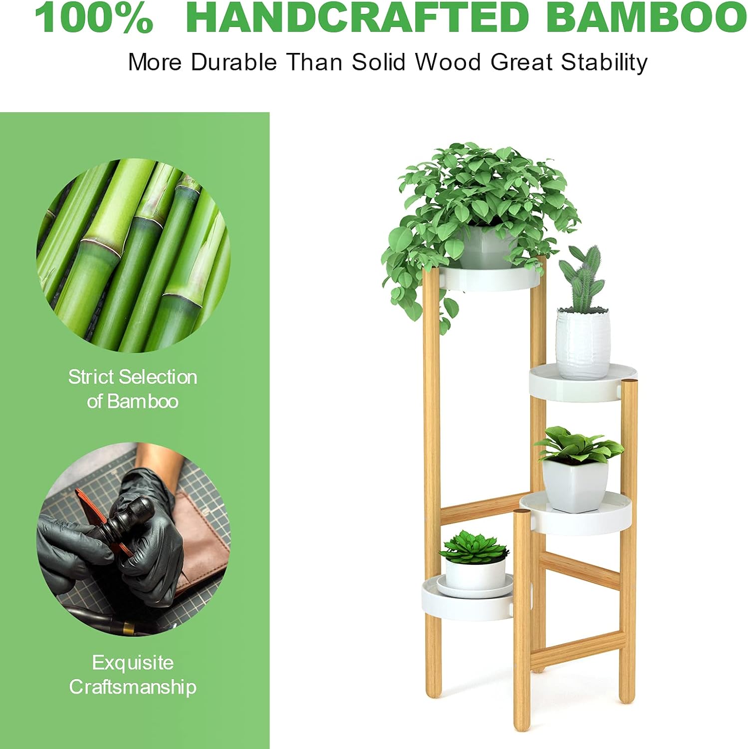 Wisuce Bamboo Plant Stand Indoor, 4 Tier Tall Corner Plant Shelf Table | Easy-Clean Steel Top | Smooth Bamboo | Narrow