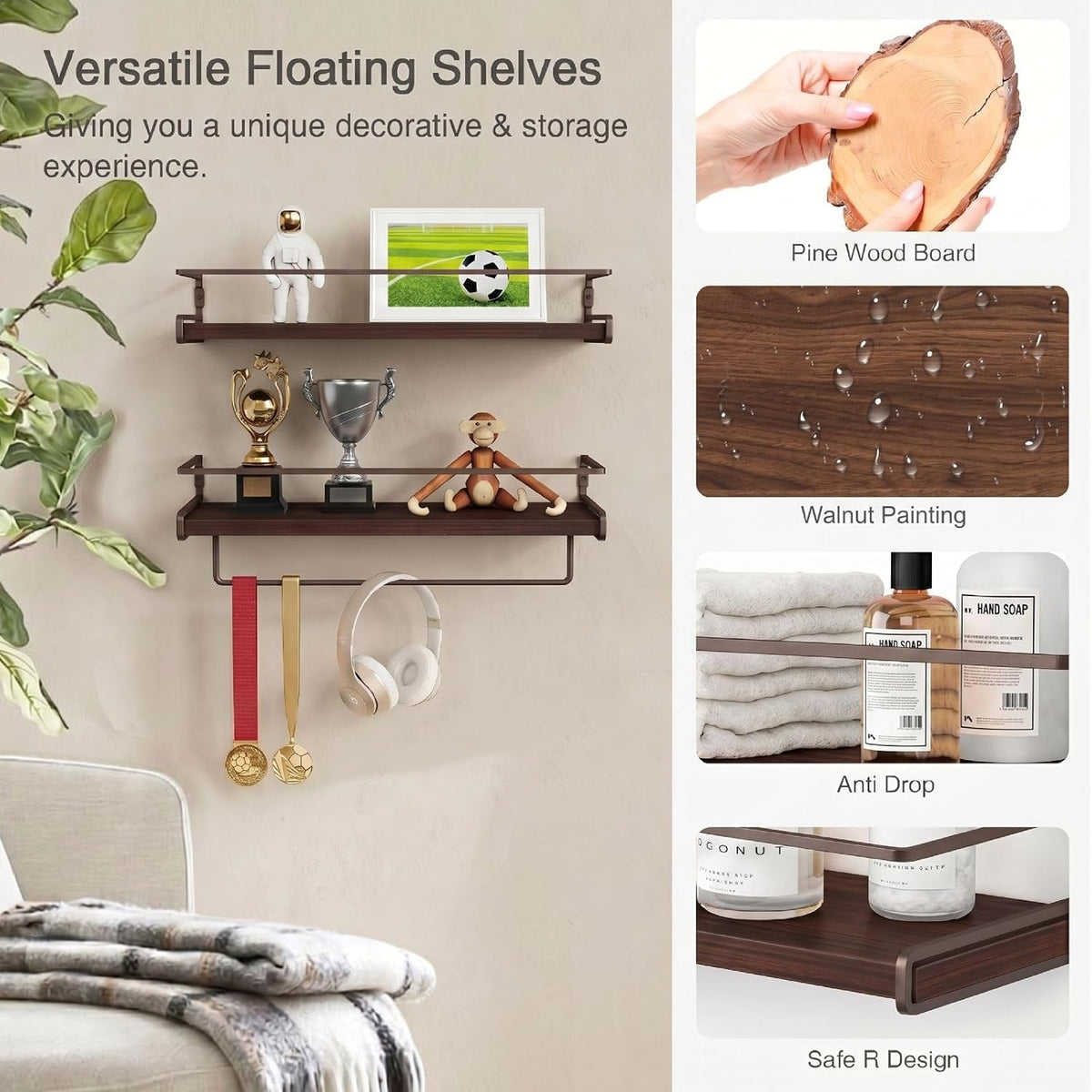 Forbena Dark Brown Kitchen Shelves Wall Mounted Set of 2, Walnut Brown Floating Kitchen Wall Shelves with Rail, Hanging