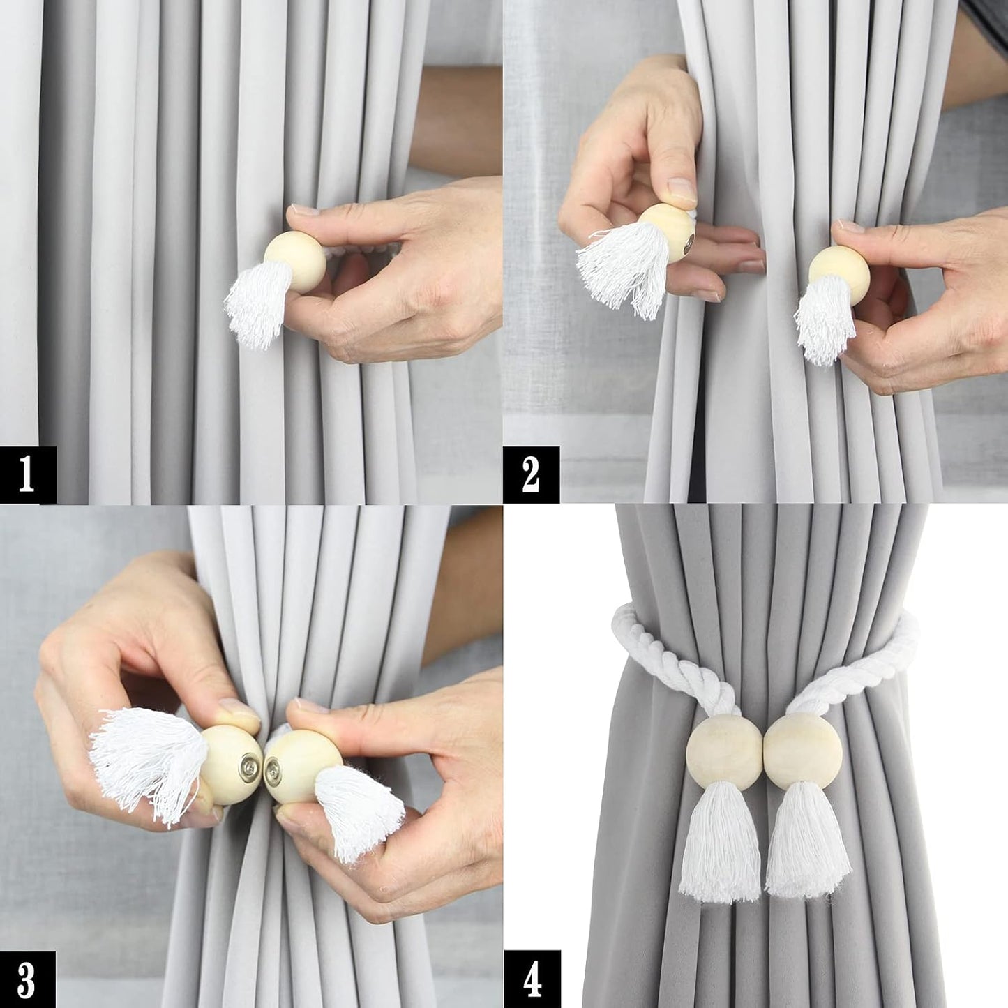 Magnetic Curtain Tiebacks Holdback Cotton Rope Tie Backs for Drapes Porlau | 6 Pack White Cotton Hand Woven Tieback