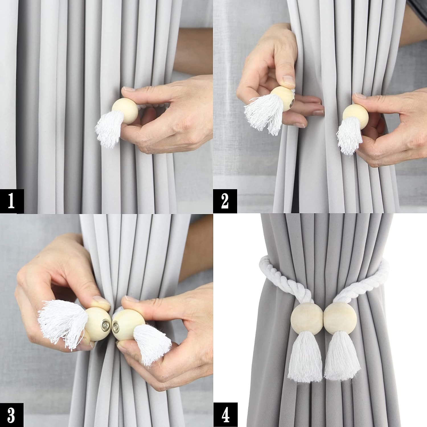 Magnetic Curtain Tiebacks Holdback Cotton Rope Tie Backs for Drapes Porlau | 6 Pack White Cotton Hand Woven Tieback
