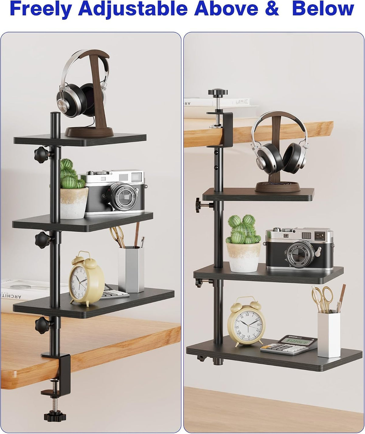 3 Tiers Clamp On Desk Shelf, 360° Angle Adjustable Desktop Shelf Organizer for Home Office Gaming Room, No Drill Desk