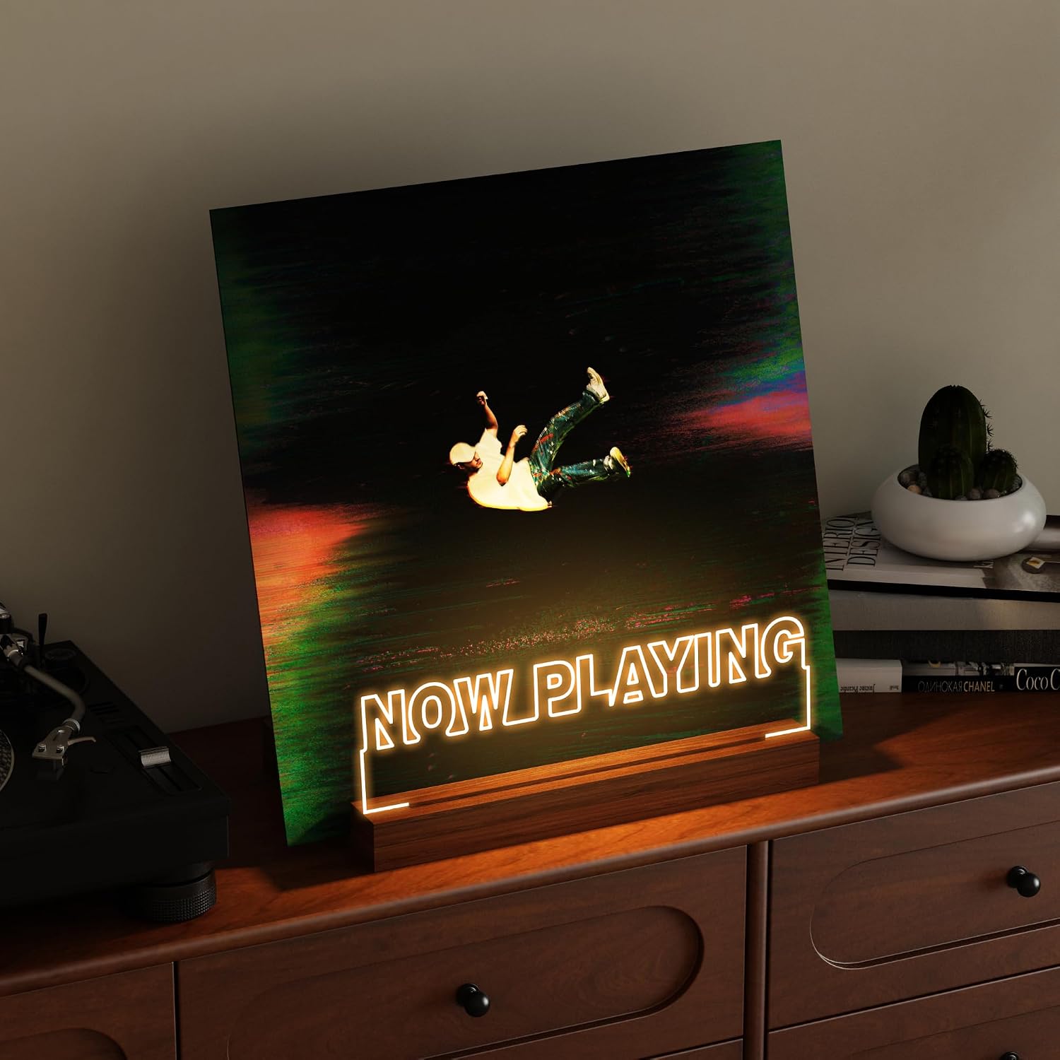 CoolGift Mart Now Playing Vinyl Record Stand, Light up Record Holder, Wooden Acrylic Display with Warm White Lights for