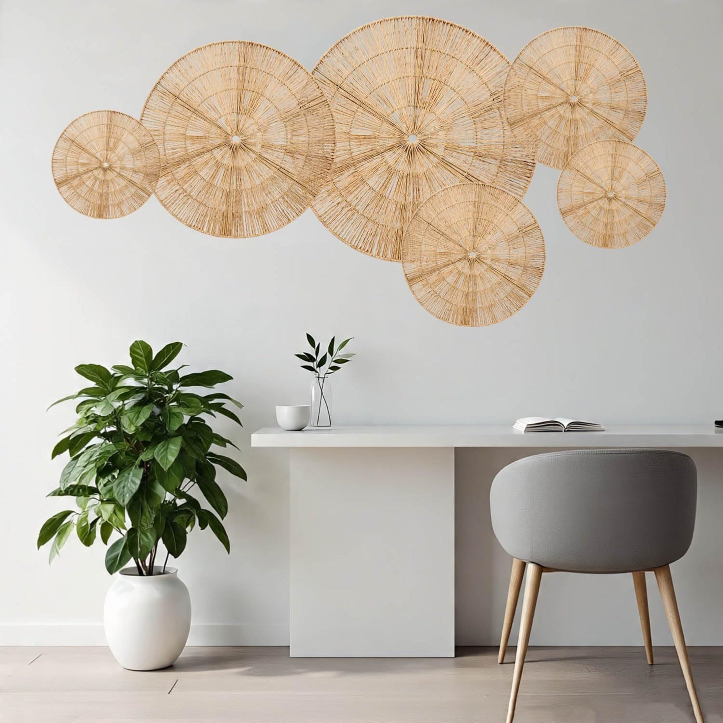 Boho Wicker Rattan Plate Basket Set For Décor Hanging Wall / Classic / Natural / Set of 6