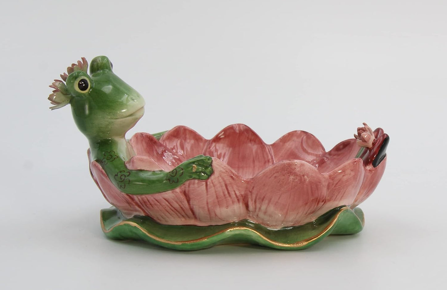 Fine Ceramic Hand Painted Lady Frog on Water Lily Lotus Flower Soap Dish or Nic Nac Dish or Jewelry