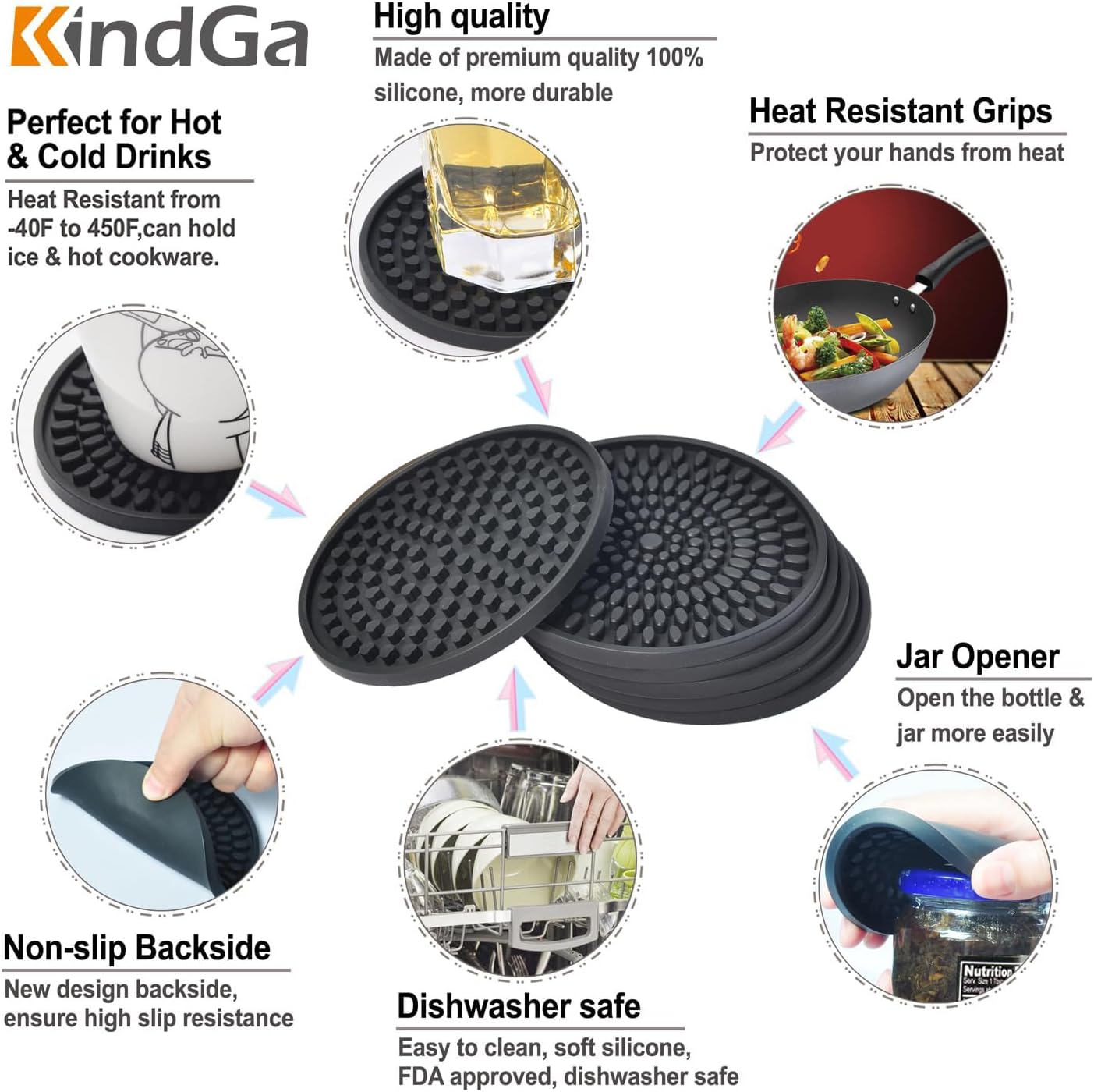 Absorbent Rubber Coaster Set / Black-oval Buds / Set of 8