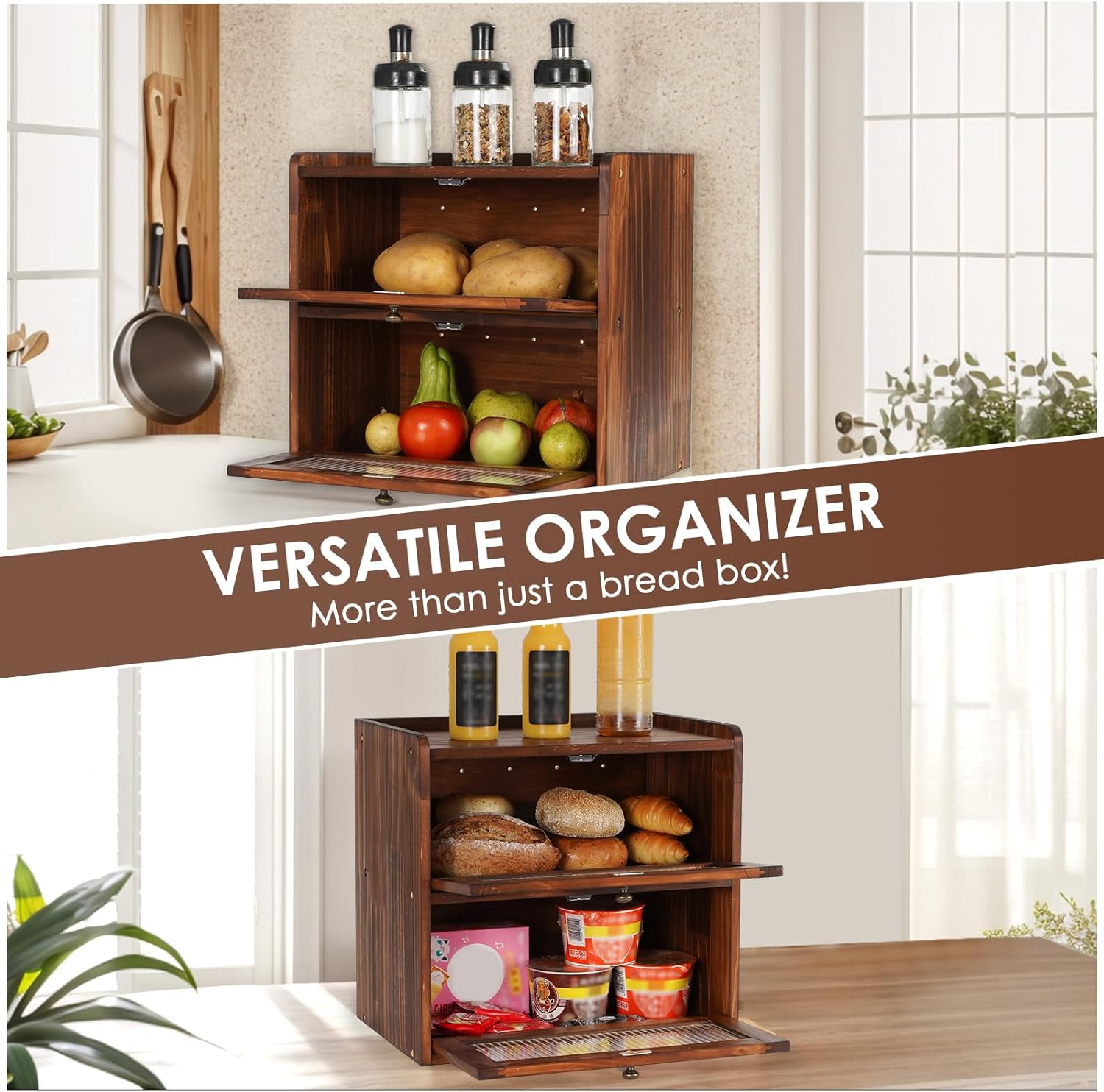 Sunhoo Bread Box for Kitchen Countertop Wooden Bread Storage Container Bin 2 Layer Breadbox Holder Large Capacity