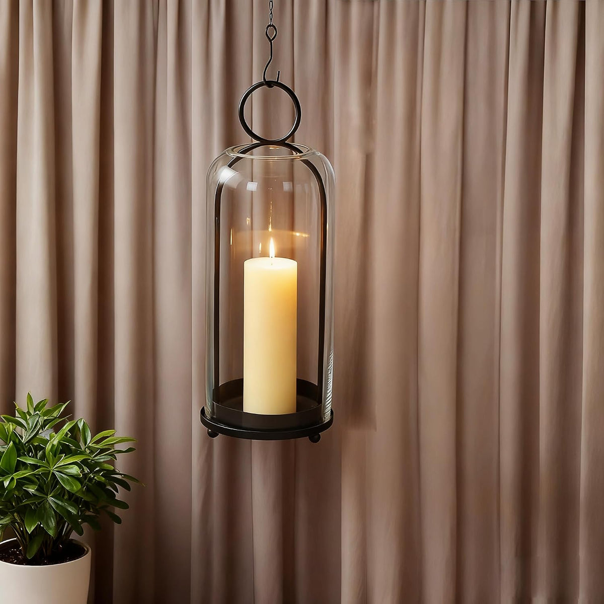 16" High Versatile Modern Metal Hurricane Lantern with Handmade Sturdy Glass Dome in Black for Pillar Candle & Plants