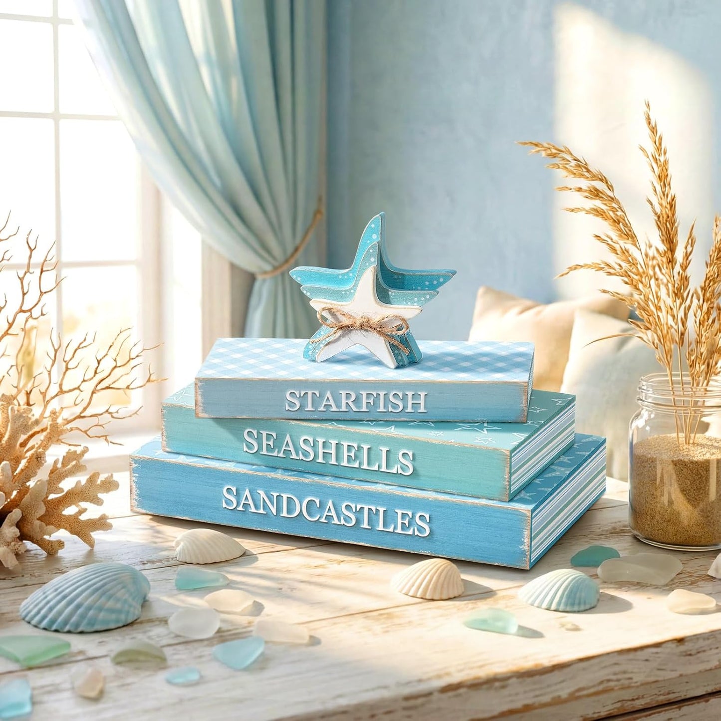 Wooden Coastal Decorative Books / Summer Starfish / Set of 4