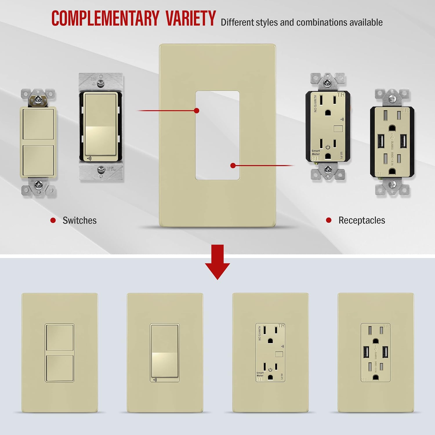 ENERLITES 1-Gang Ivory Mid-Size Screwless Decorator Wall Plate, 10 Pack | Size 4.88" x 3.11", Plate cover Fits light