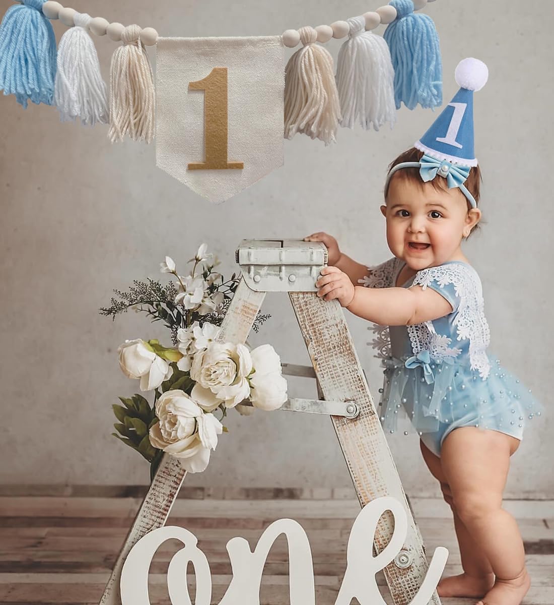 First Birthday Party Decorations Highchair Wood Bead Tassel Garland 1st / Khaki Banner / Blue