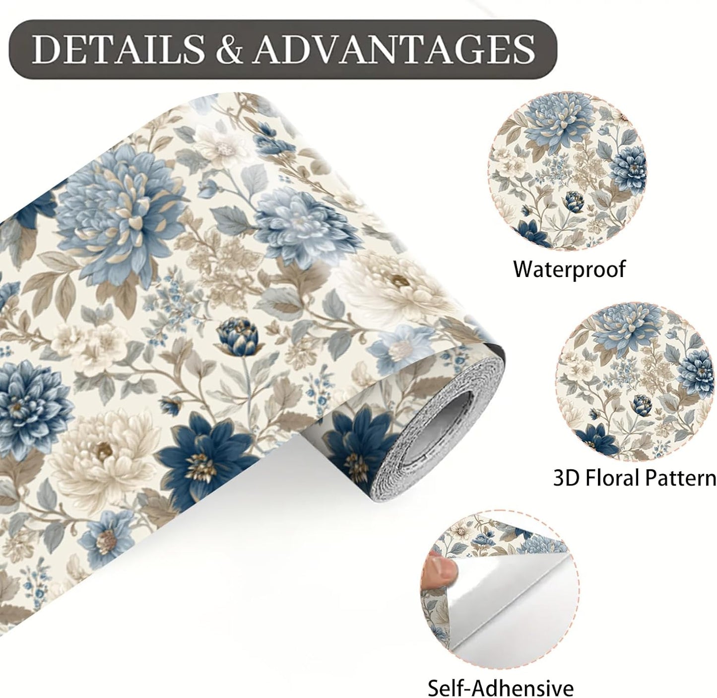 Blue Floral Wallpaper Border Peel and Stick Removable Vinyl Wall Border / Blue Floral#2 / 196 x 4