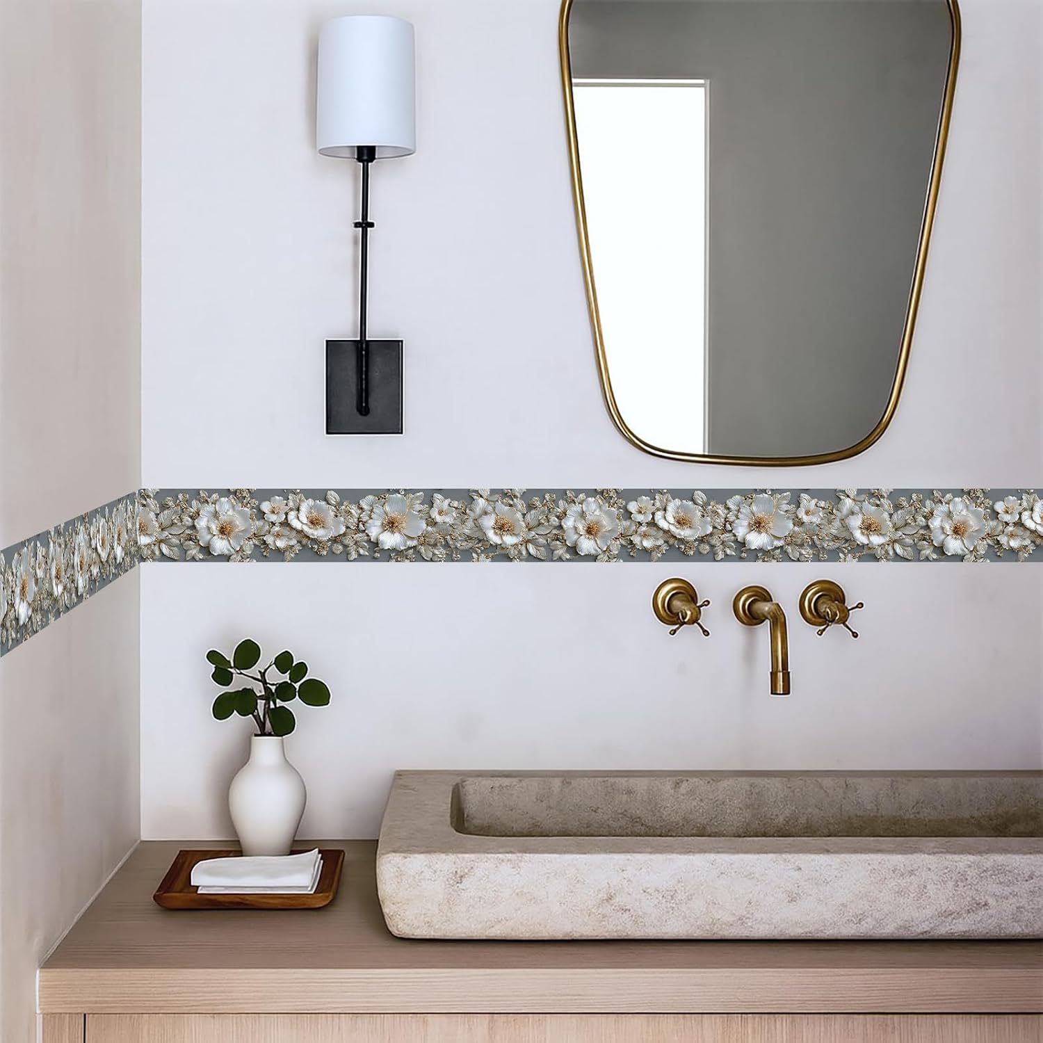 Wallpaper Border Peel and Stick Wall Border Elegant White Pattern Removable / Pearl / Gray / 196 x 4