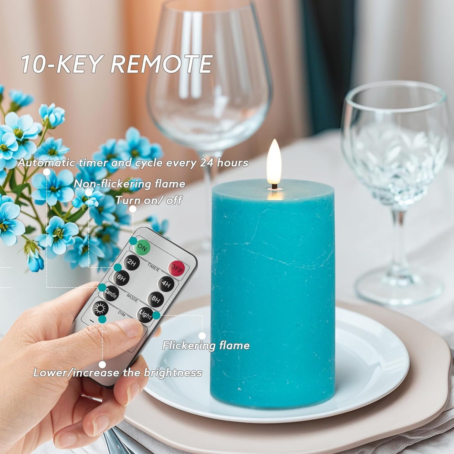 Teal Flameless Candles, Wax Battery Operated Candles with Remote | Flat Top Flickering LED Pillar Candles for Home