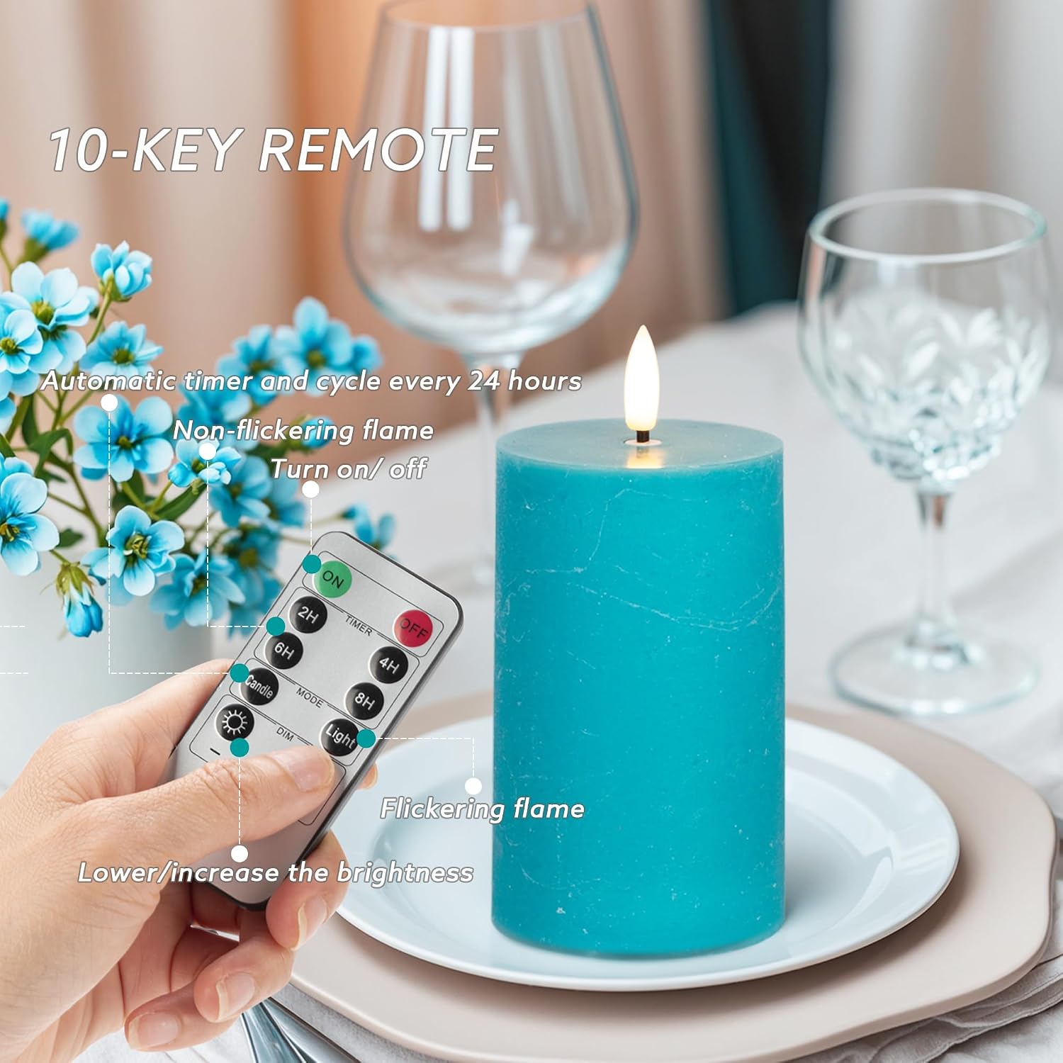 Teal Flameless Candles, Wax Battery Operated Candles with Remote | Flat Top Flickering LED Pillar Candles for Home
