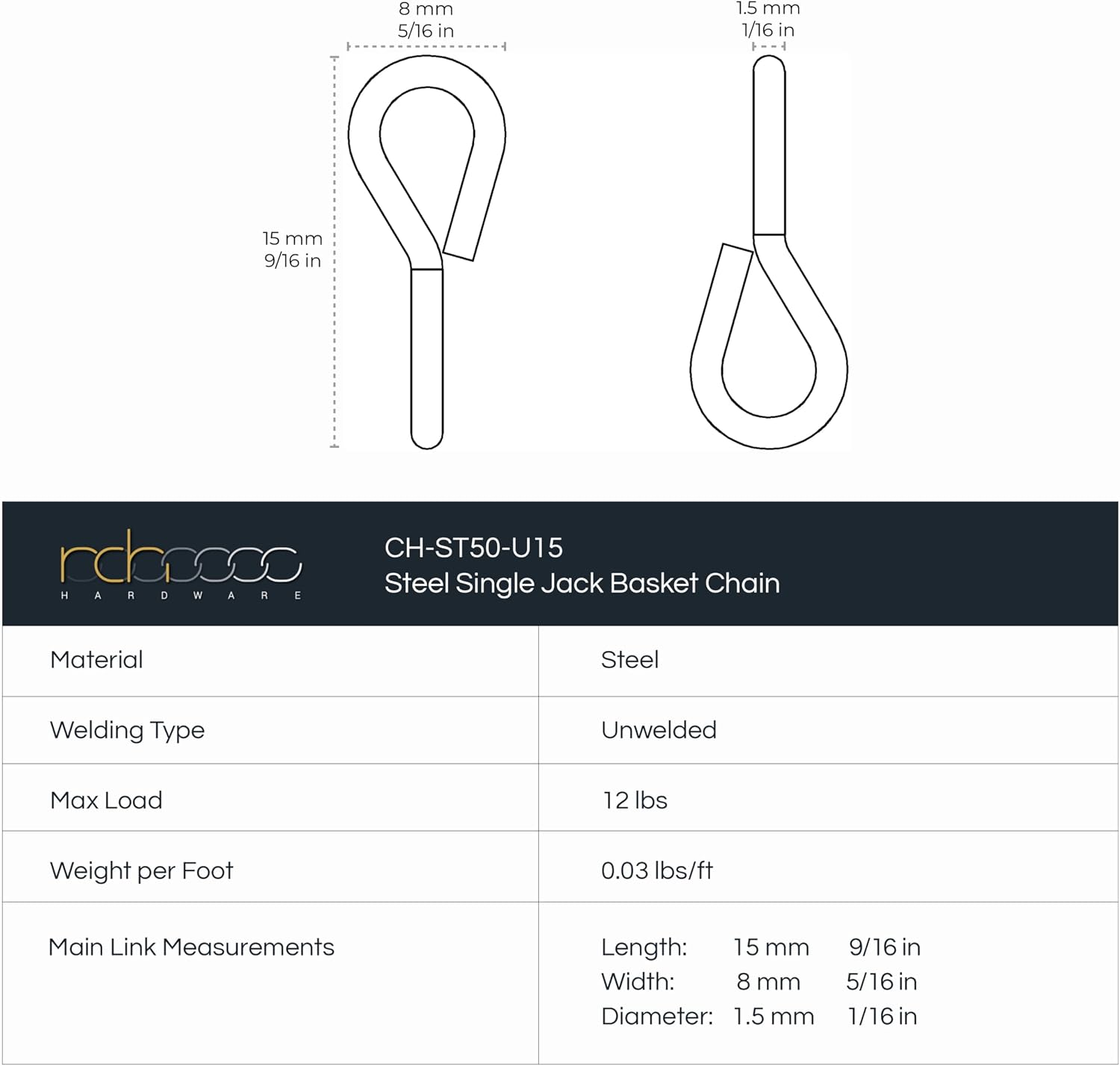 CH-S50-16-AB-10 Steel Basket Chain / U15 / Antique Brass