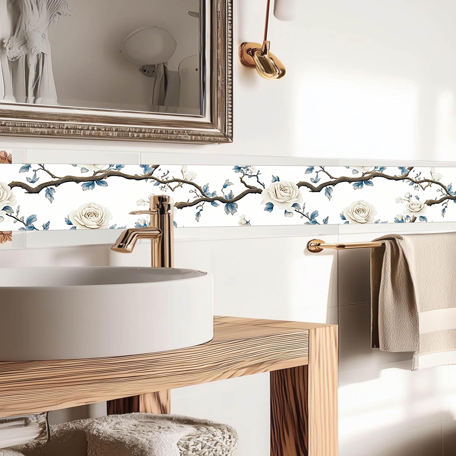 Wallpaper Border Peel and Stick PVC Rose and Branch Design / White Rose Branch / 4 x 196