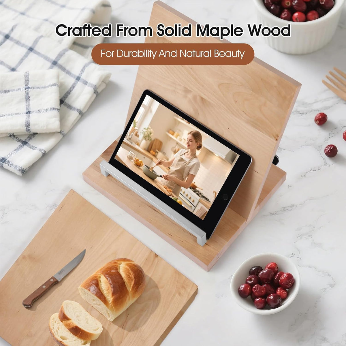 Cookbook Stand with Removable Cutting Board,Keeps Pages Open While Cooking | Recipe Book Holder Silver for Kitchen