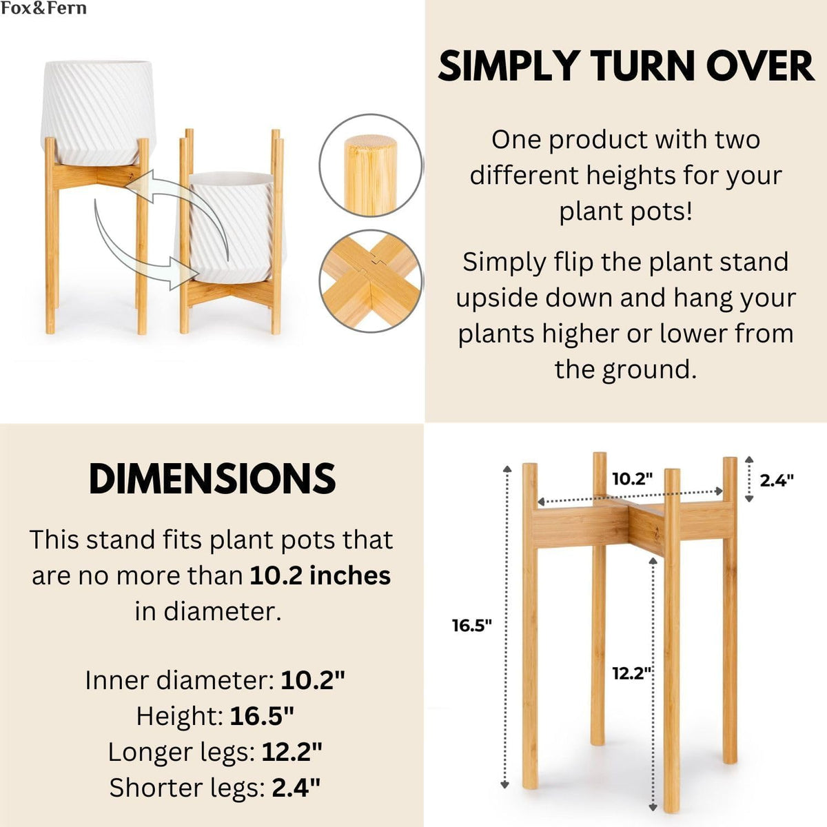 Fox & Fern Mid Century Plant Stands for Indoor Planters, Bamboo, 10 Inch | Plug In Design, Holds 175 lbs, Two High