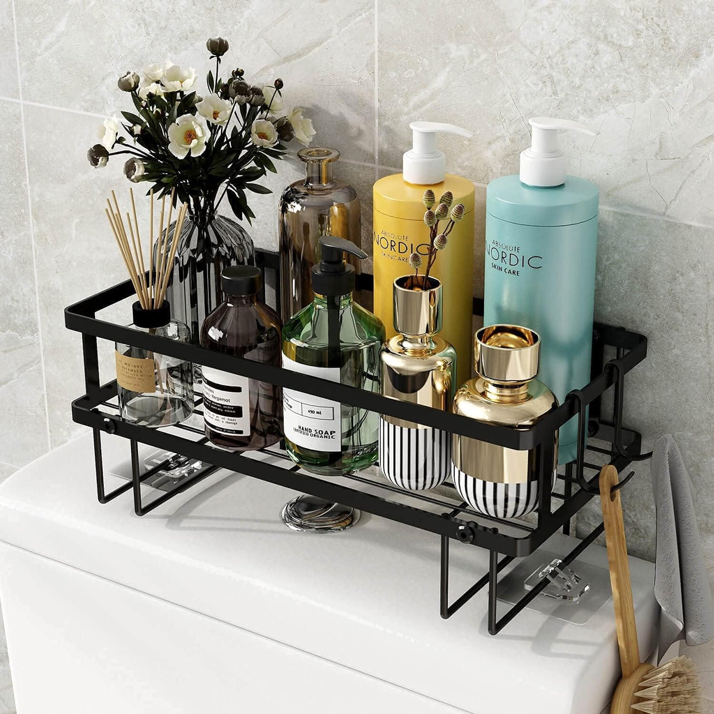 1-Tier Over Toilet Storage - Wall-Mount Bathroom Shelf with 2 Hook | Bathroom Organizers and Storage Cabinet