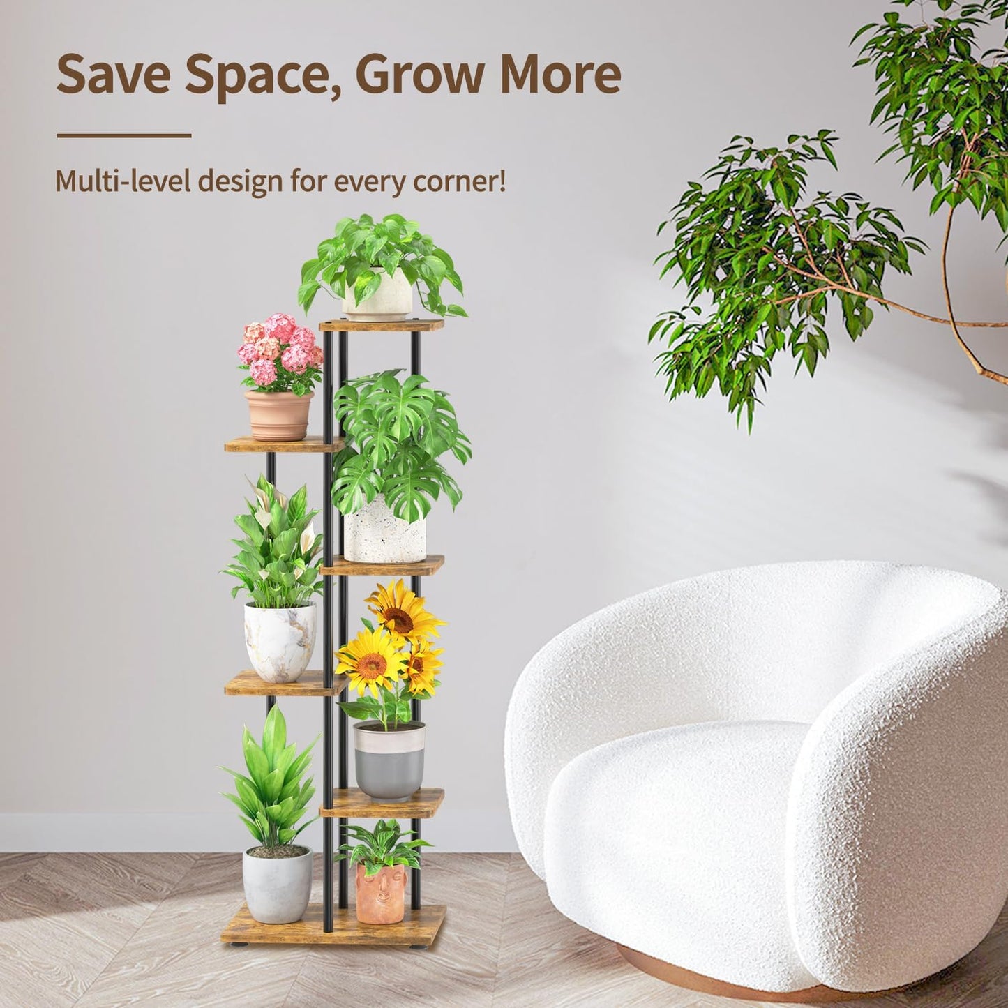 LASZOLA Plant Stand Shelf Tall for Indoor Corner, 5 Tier Wood Brown | Heavy Duty Multi Level Vertical Flower Rack for