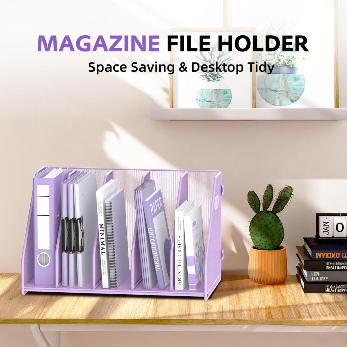 Binder Organizer, Magazine File Holder with 5 Vertical Rack, Purple | Metal Desk File Organizer & Binder Holders