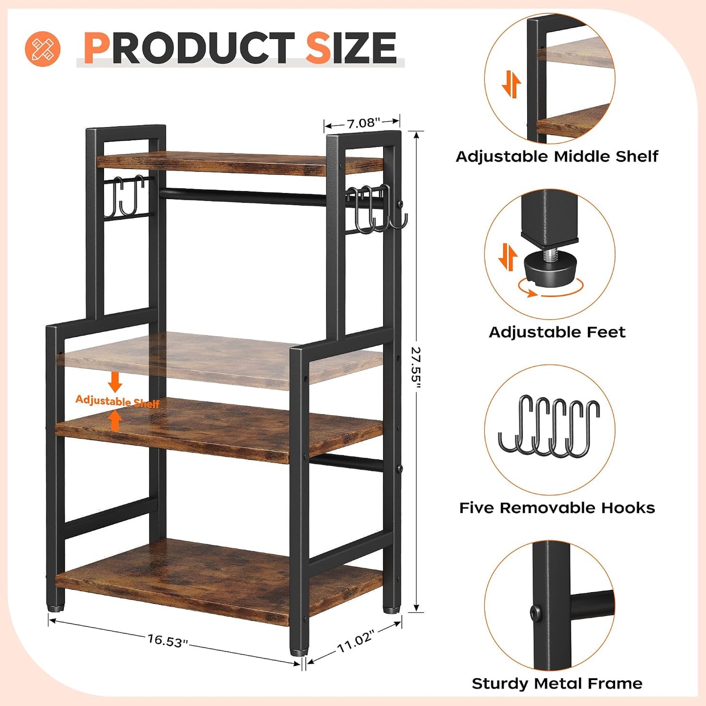 Kitchen Countertop Organizer,3 Tier Large Spice Rack Organizer with Adjustable Shelf and 5 Hooks,Wooden Counter