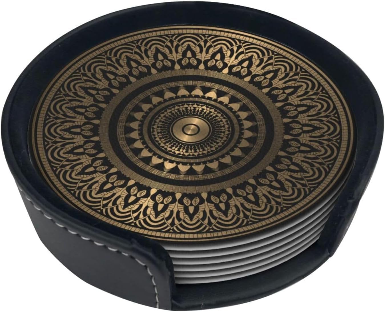 Holder Stand / Pu Leather Absorbent Coasters / Gold Black Mandala Rosette / Set of 6