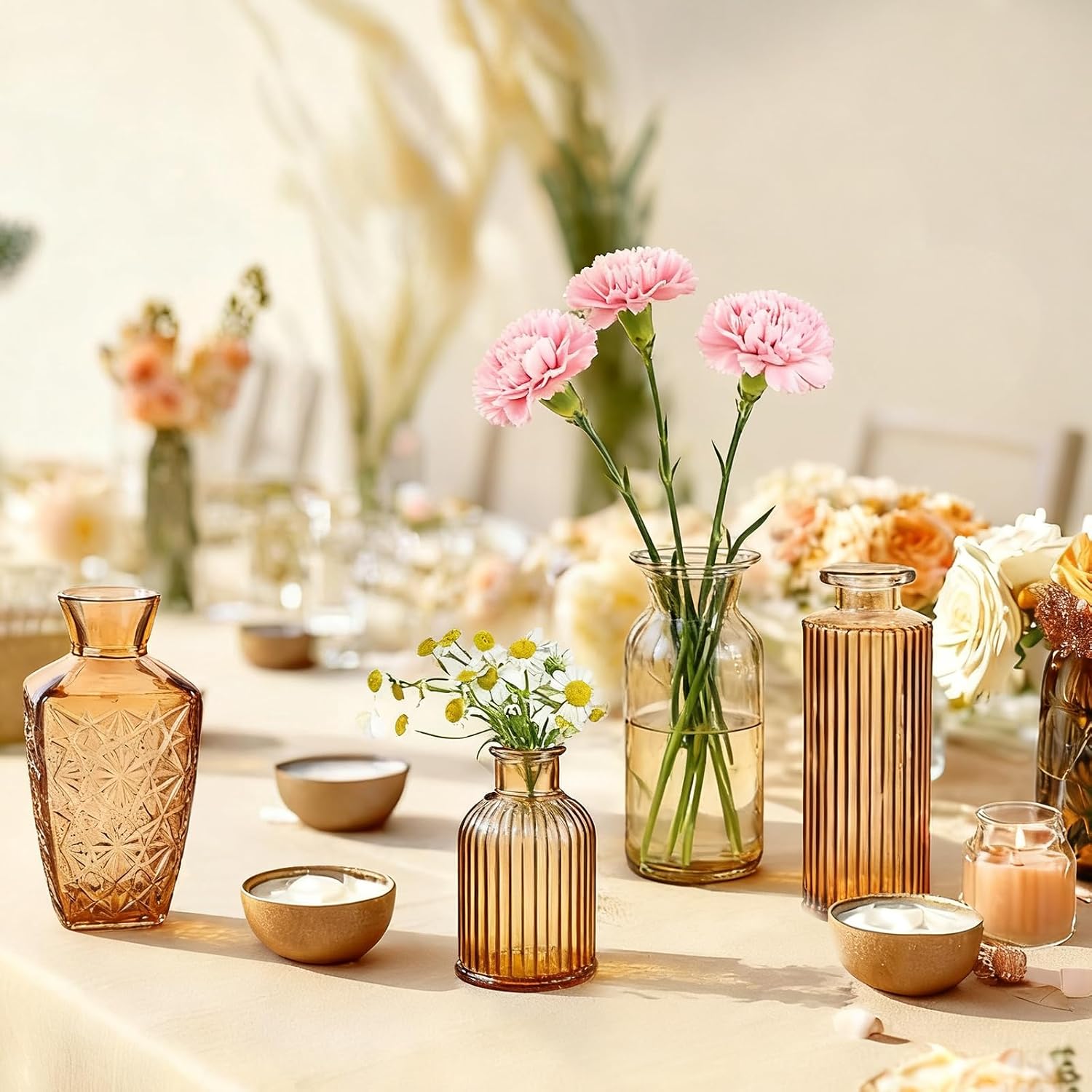 Small Mini Glass Vases for Centerpieces / Amber / Set of 12