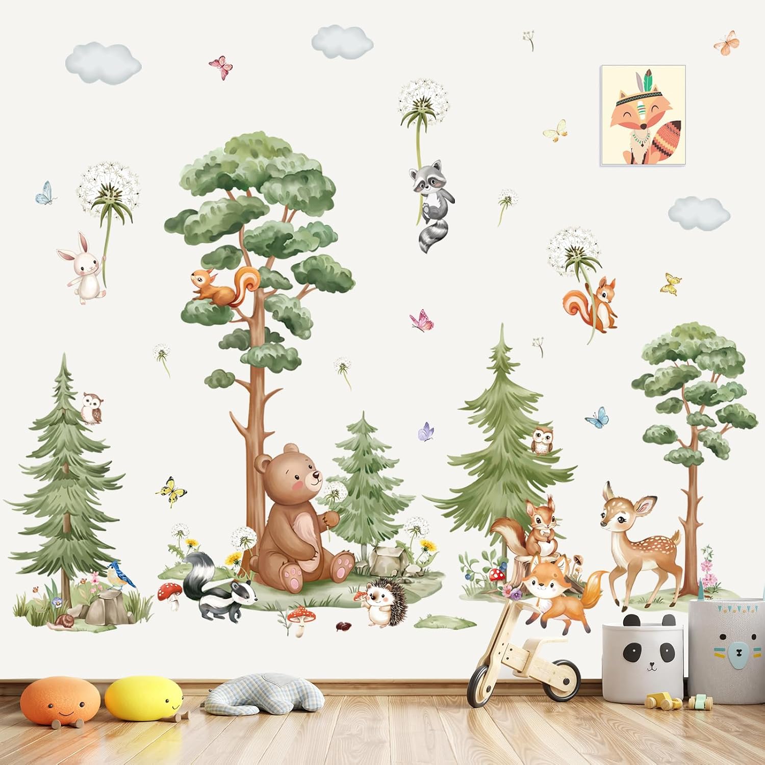 Large Woodland Animal Tree Wall Stickers Forest Animals Bear Deer Dandelion Peel and Stick Wall Art