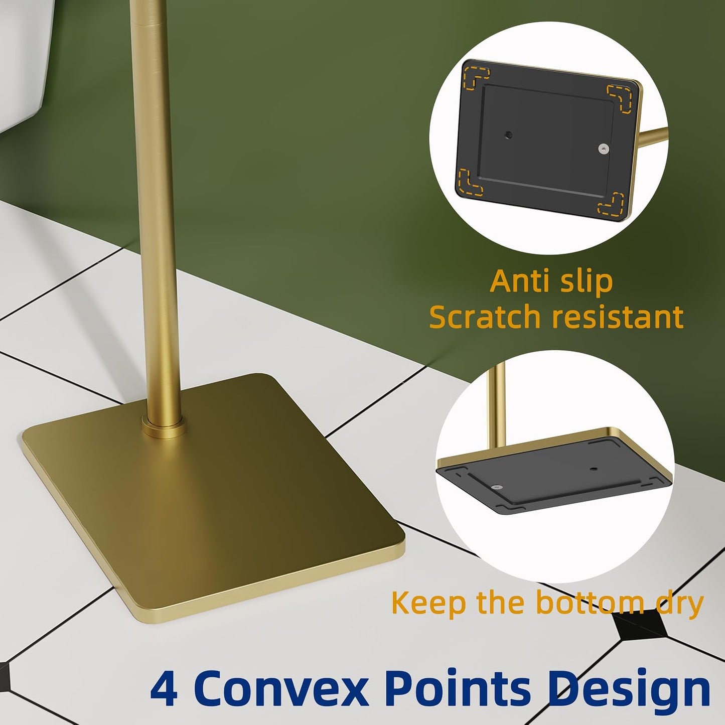 RUACQ Bathroom Toilet Paper Holder Stand, Brushed Gold | Dual-Post Pivoting Free Standing Toilet Roll Holder with