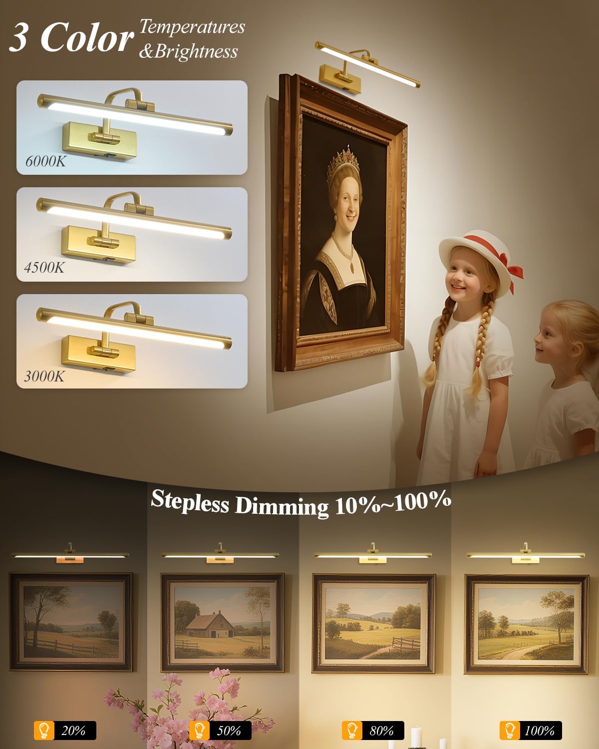 Wireless Picture Light for Wall, Rechargeable Light for Pictures with Remote & Timer, 16 Inch Dimmable Gold Art Light