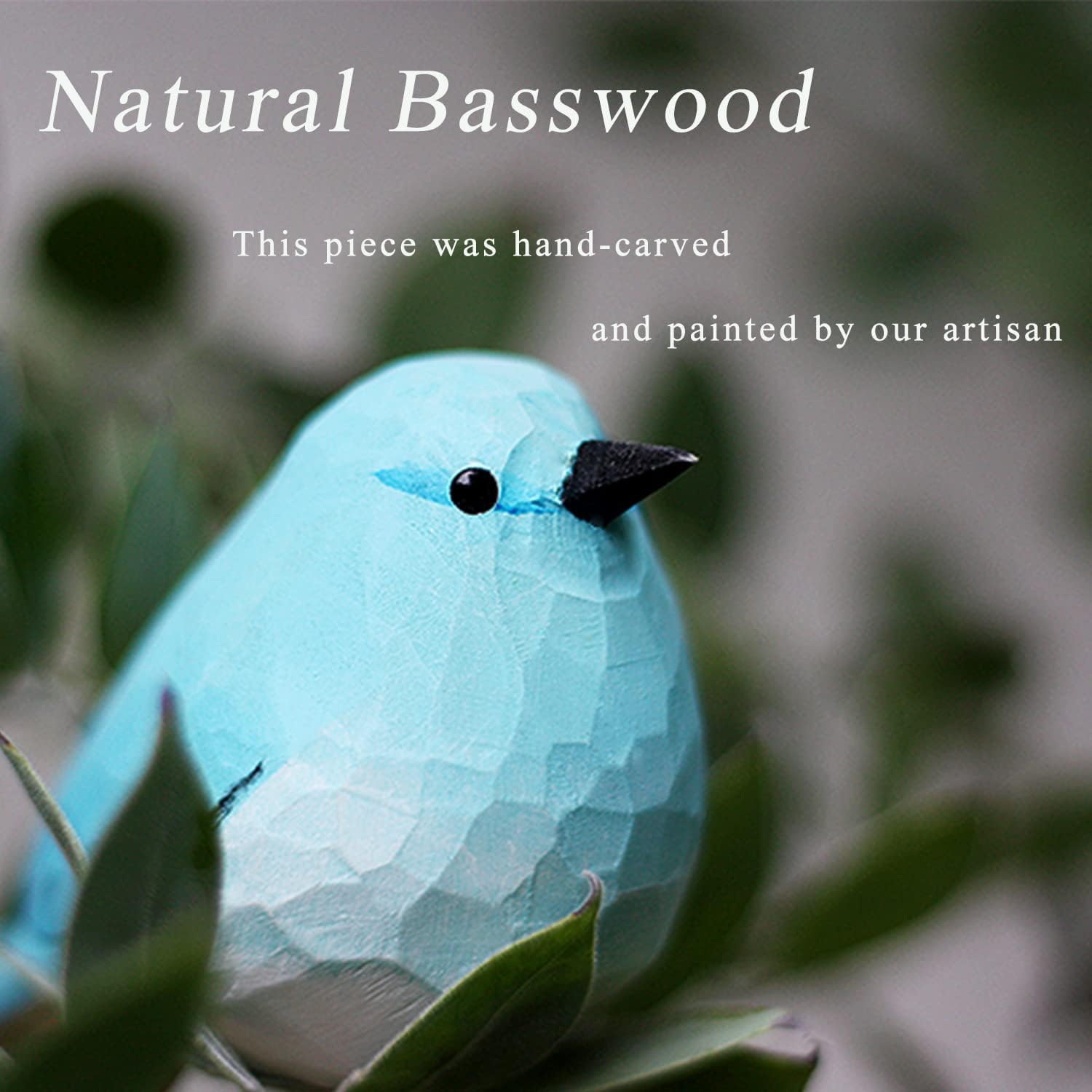Hand carved wood bird statue / Blue Robin